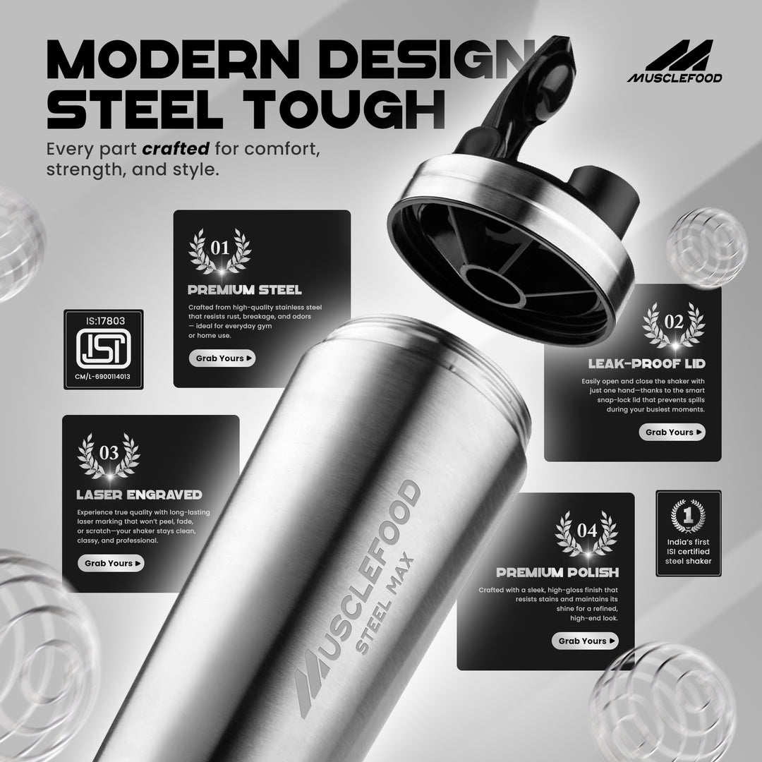 Musclefood Steel Max Shaker 750ml – ISI Marked Stainless Steel Gym Shaker
